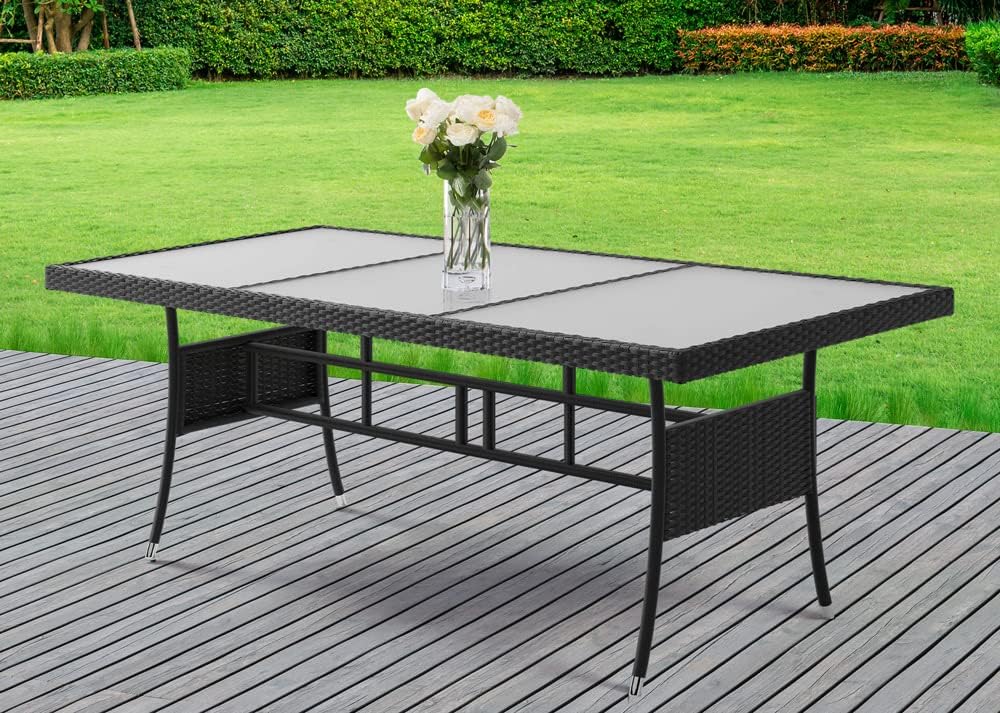 Garden Table 190 x 90 x 75 cm with Milk Glass Top Weatherproof Height Adjustable UV-Resistant Garden Patio Indoor Furniture Dining Table Black