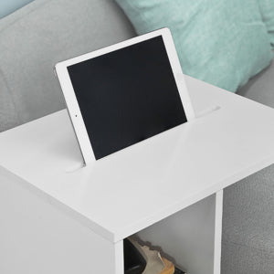 Side Table with Slot for iPad, Newspaper Stand, Coffee Table with Wheels, White, Width Approx. 45 x 58 x 35 cm