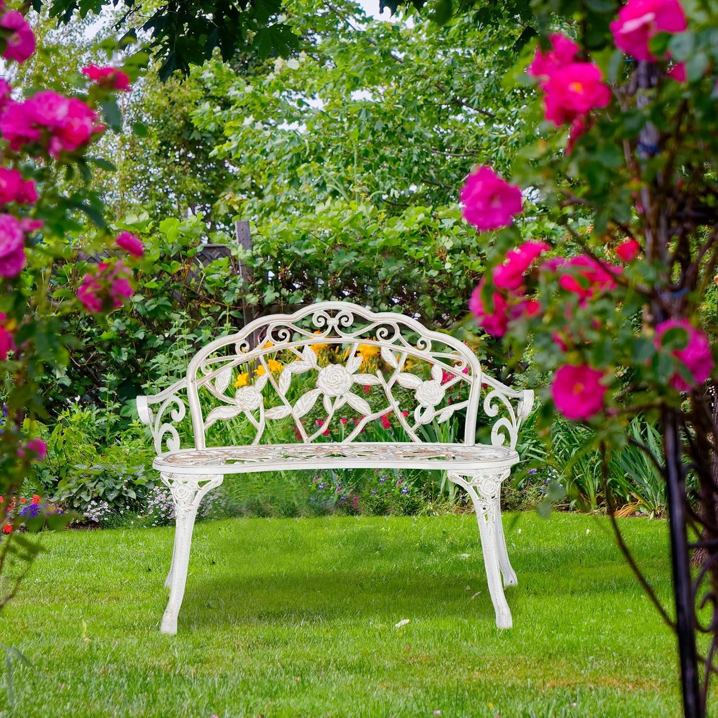 Garden Bench, 2 Seater, Roses, Patio, Balcony, Aluminium & Cast Iron, Antique Bench, 78 x 98 x 57 cm, White/Bronze