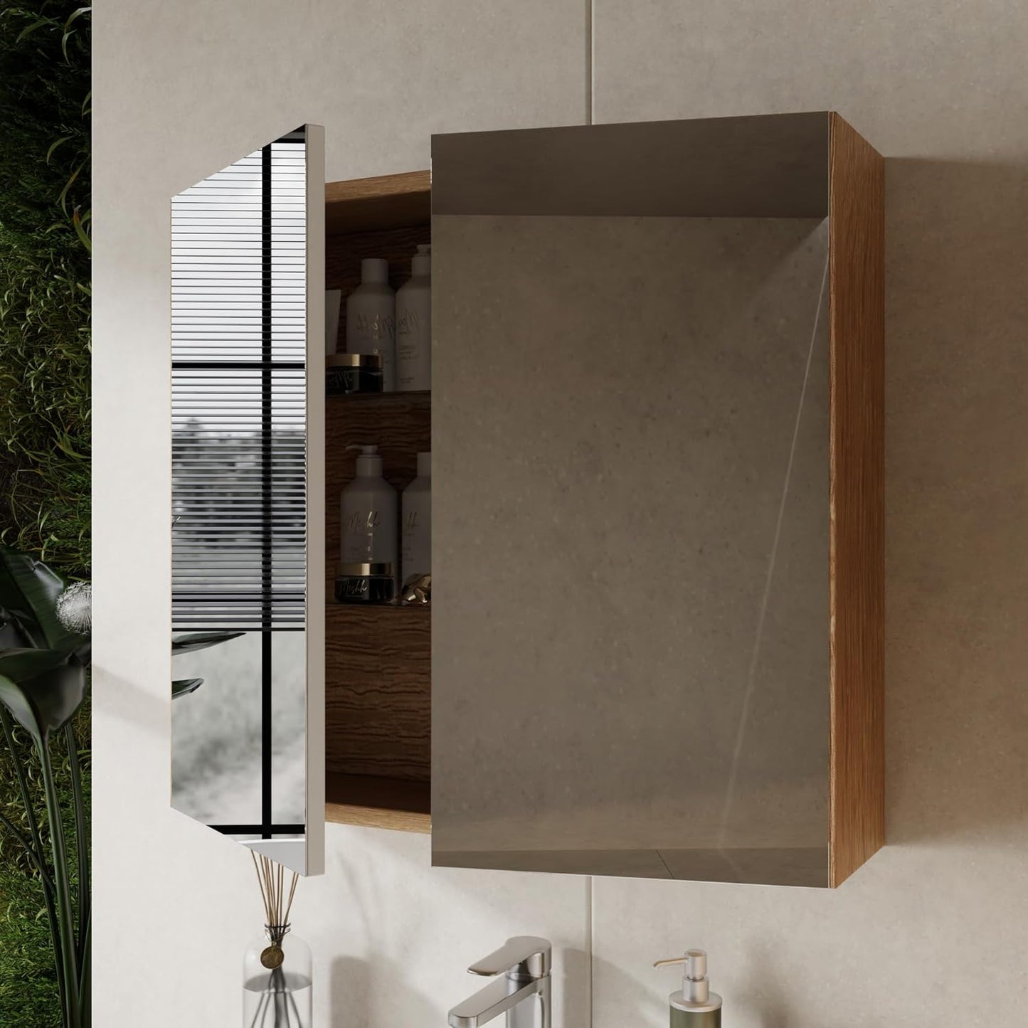 City Bathroom Furniture Set 3-Piece 60 cm | Wash Basin | Mirror Cabinet | Base Cabinet | Sonoma Oak | Soft Close Doors & Invisible Handles | Natural Style | Bathroom Furniture Washbasin