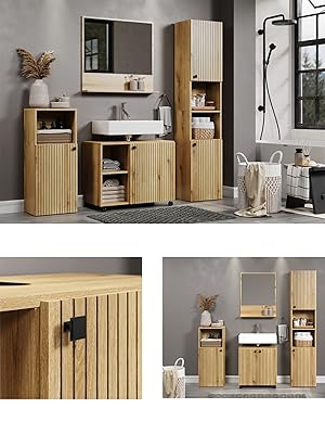 trendteam smart living - PureBliss 233710142 Tall Cupboard - Bathroom - Dimensions (W x H x D) 40 x 186 x 31 cm - Colour Evoke Oak with Black Grooves