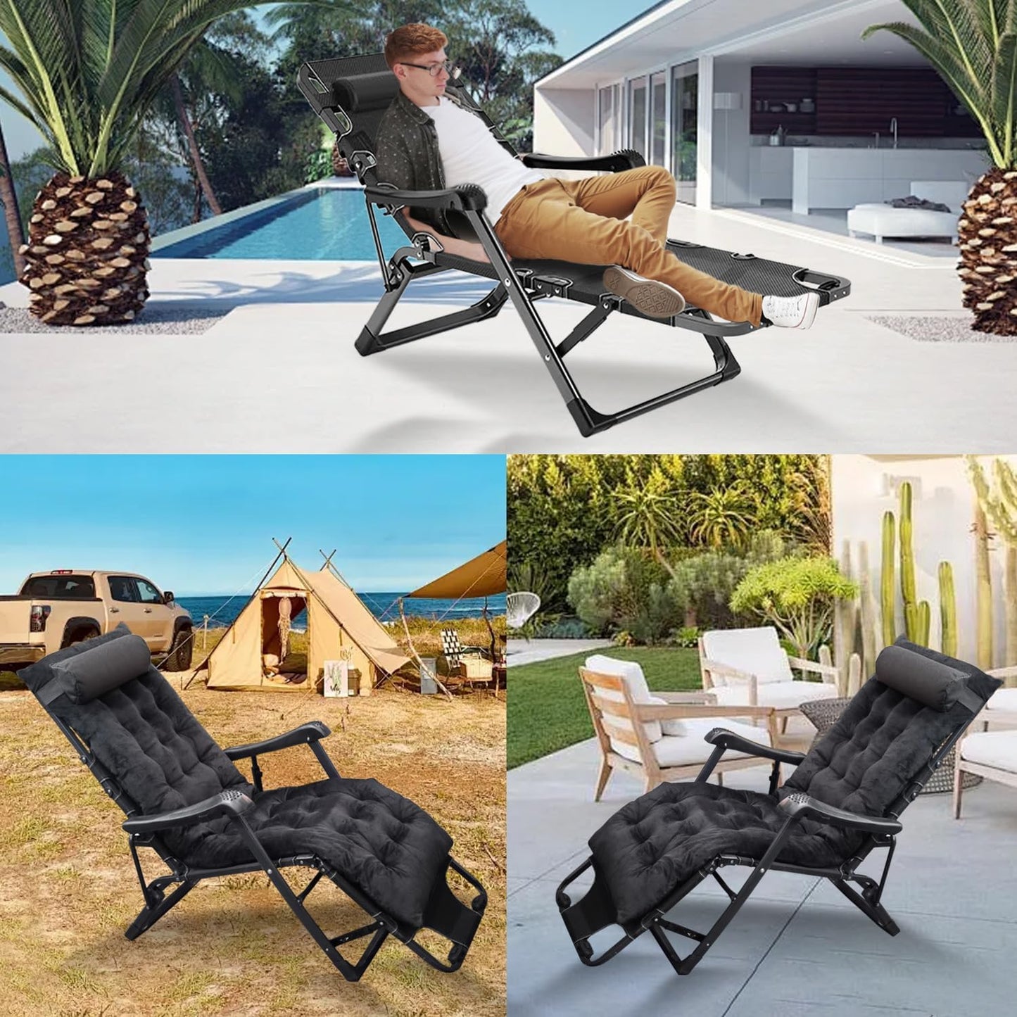 Folding Deck Chair, Sun Lounger, Weightless Chair, Garden Chair, Lounger, Lounger Sofa, Extra Wide, with Pearl Cotton Cushion and Cushion, Cup Holder, Maximum Load 200 kg, Black