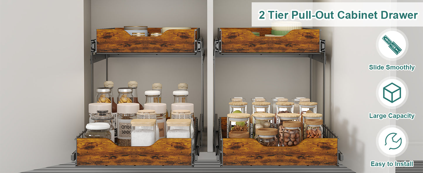 2 Tier Pull Out Cabinet Organizer 16" W X 21" D,Height Adjustable Slide Out Drawers for Kitchen Cabinets with Wooden Handle,Heavy-Duty Cabinet Pull Out Shelves for Pantry,Under Sink