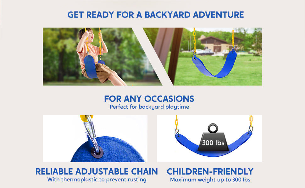 TURFEE Swing for Outdoor Swing Set - Pack of 1 Seat Replacement Kit with Heavy Duty Chains - Backyard Swingset Playground Accessories for Kids (Blue)