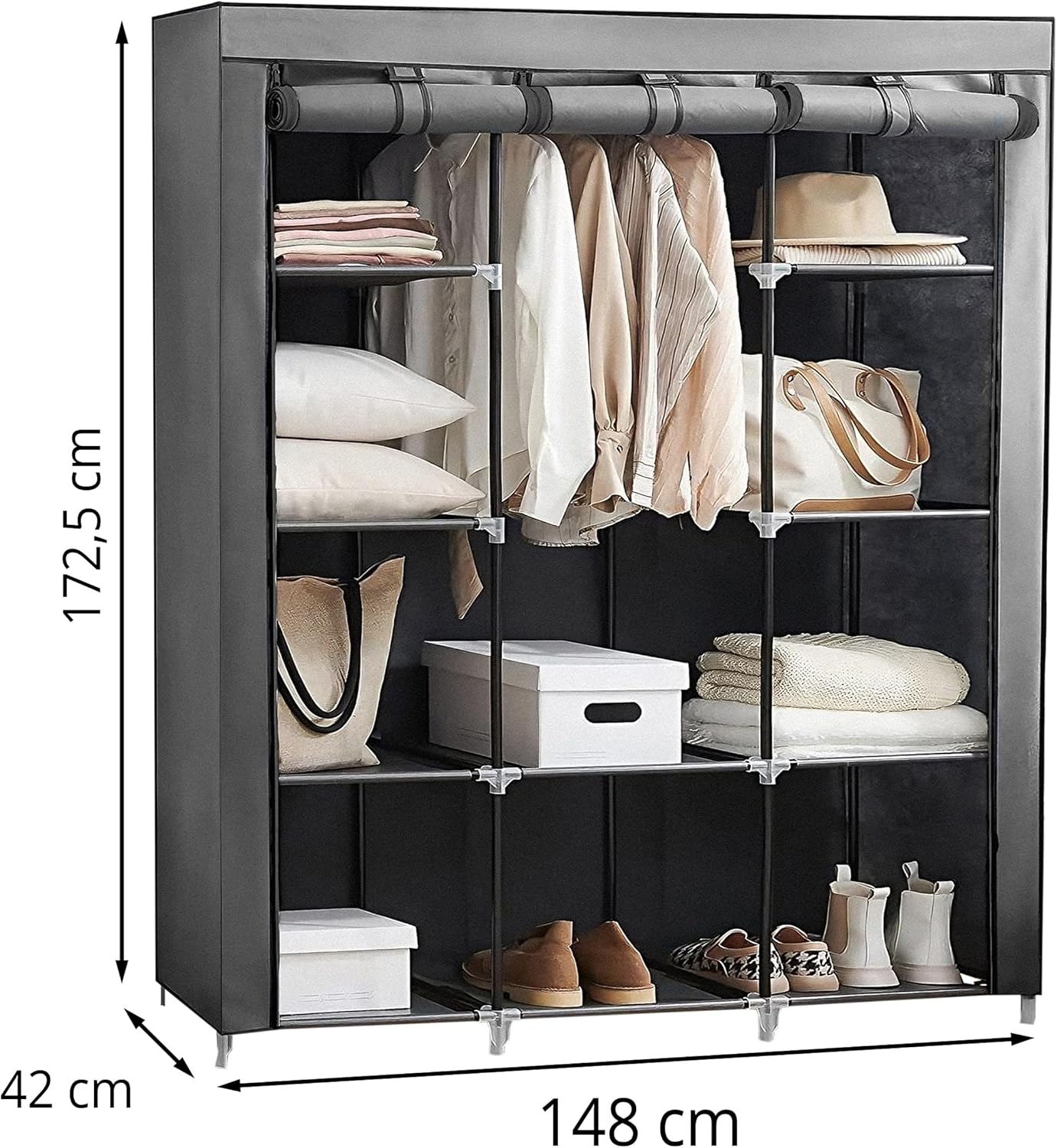 Retoo Kleiderschrank Einfach aus Stoff, Faltschrank, Stoffschrank Kleiderschrank mit Ablagen, Faltbare Textil Garderobe für Schlafzimmer, Ankleidezimmer, Speicherorganisator 148x42x172,5cm