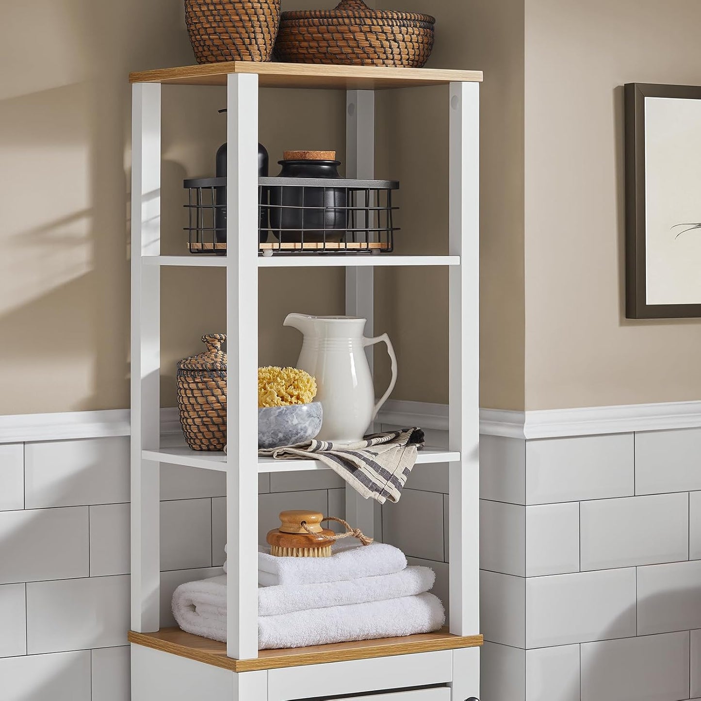 Bathroom Tall Cabinet Bathroom Shelf Bathroom Cabinet with 3 Open Compartments and Slat Door Bathroom Furniture White Natural W x H x H x H x H x D x H x D x H x D x H x H x H x H x H x