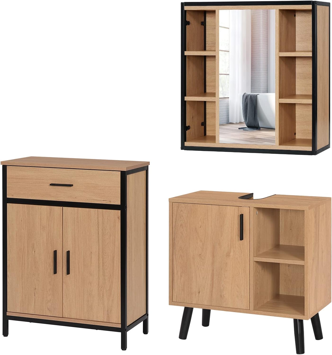 Model 16 Bathroom Furniture Set, Vanity Unit with Mirror Cabinet, Wall Cabinet for Bathroom, Metal and Wood