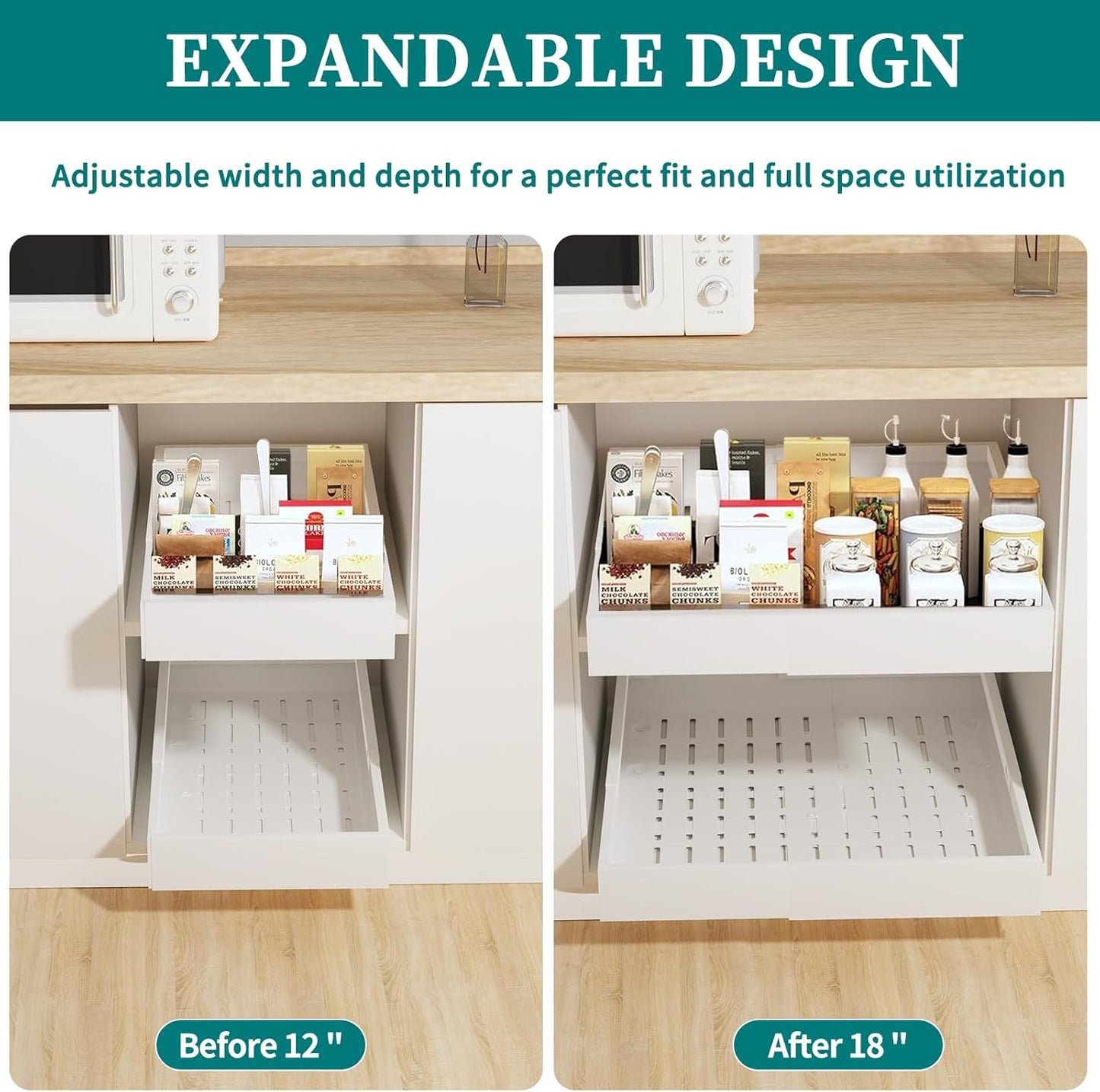 Pull Out Cabinet Organizer Expandable Width(12"-18") and Depth(14"-24") Slide Out Drawers Fixed with Adhesive Nano Film or Nail, Heavy Duty Roll Out Shelf Storage for Kitchen, Bathroom (White)