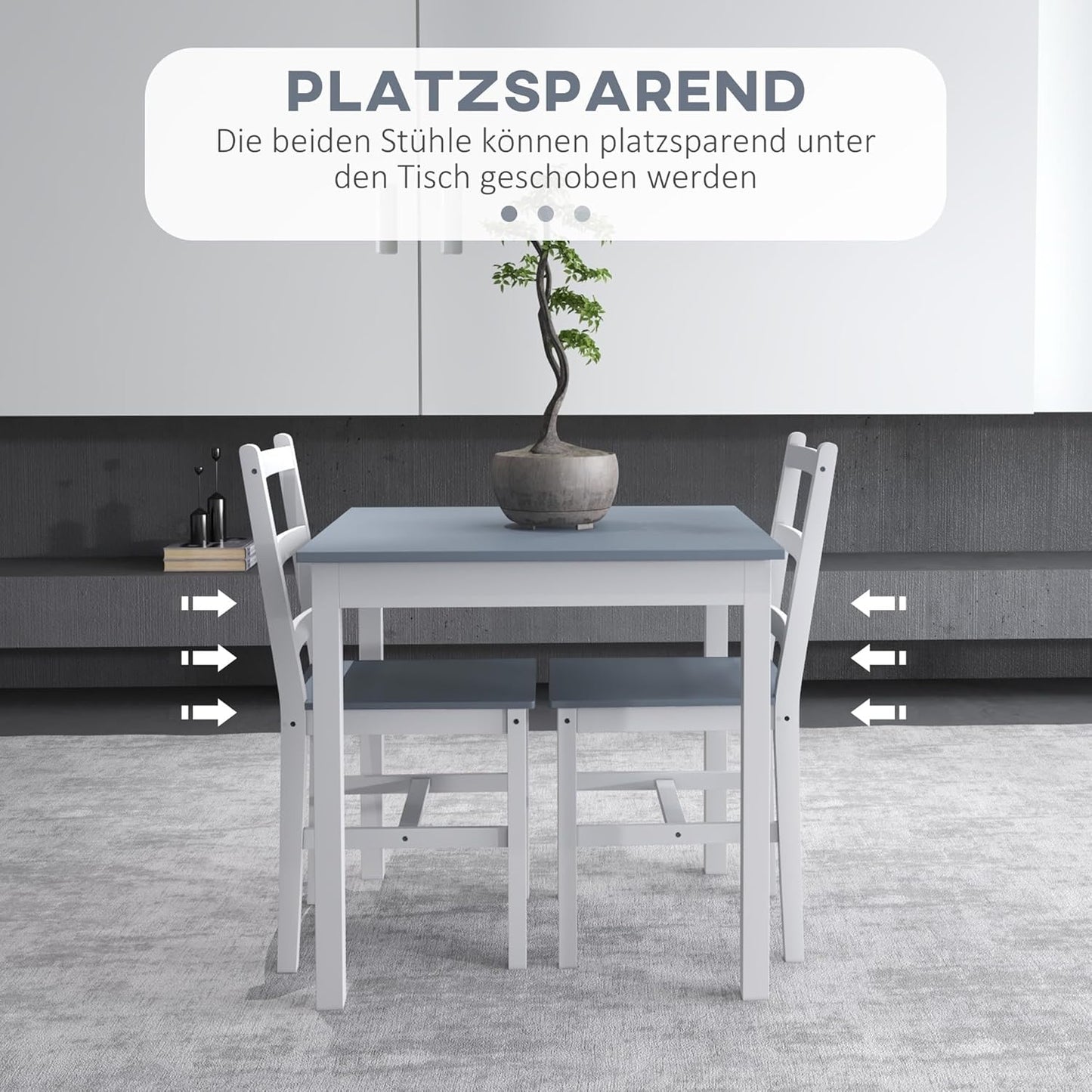 3er-Set Essgruppe, Esstisch mit 2 Stühle, Esszimmergruppe für 2 Personen, Küchentisch-Set, Tischgruppe für Wohnzimmer, Küche, Platzsparend, Grau, Kiefernholz