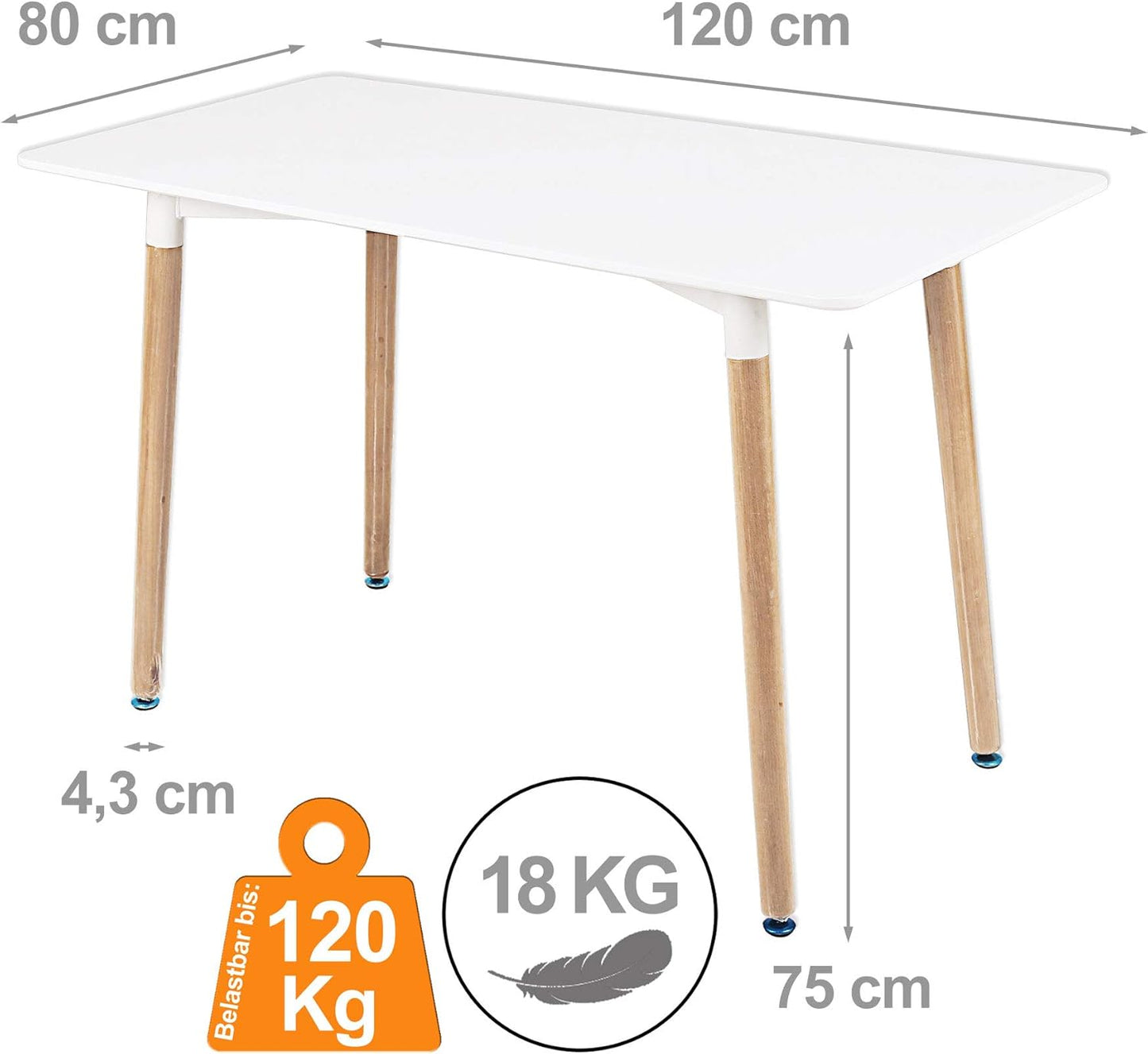 Dining Table Modern Kitchen Table 120 x 80 x 75 cm White MDF Table Top 4-6 People Wooden Legs Height Adjustable Beech