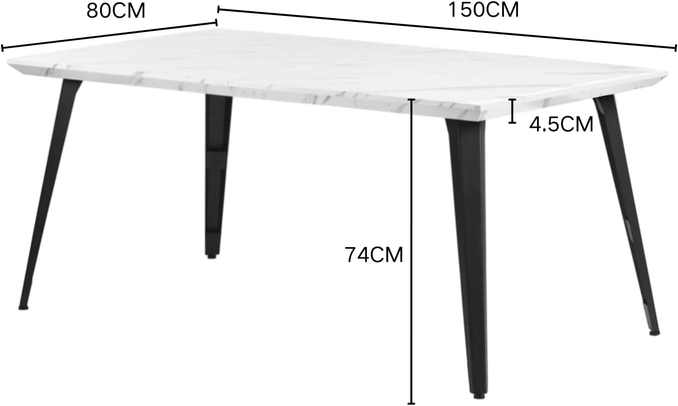 FurnitureR 150CM rechteckiger Esstisch, Küchentisch mit weißer Marmoreffektplatte und schwarzen Beinen, 4-6 Sitz Esstisch für Esszimmer Wohnzimmer Küche Café, weiß