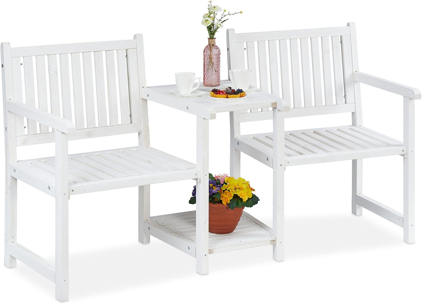 Garden Bench with Integrated Table, 2-Seater, Robust Wooden Bench, HBT: 86 x 161 x 61 cm, Garden and Balcony, White