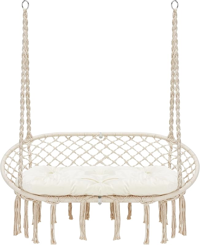 Hammock Chair Macrame Hanging Swing with Cushion,Hanging Cotton Ropes, Metal Frame, 450 lbs Capacity Indoor Outdoor, Patio, Balcony, Living,Deck, Yard, Garden(Double Swing) Beige