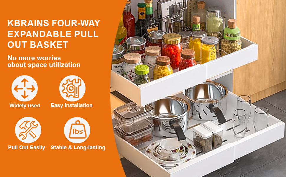 Expandable Pull Out Cabinet Organizer with Depth(16"-22") and Width(12 "-20"), Adhesive Slide out Drawers for Pots, Spice, Pantry Storage, Adjustable Roll out Shelves for Kitchen, White