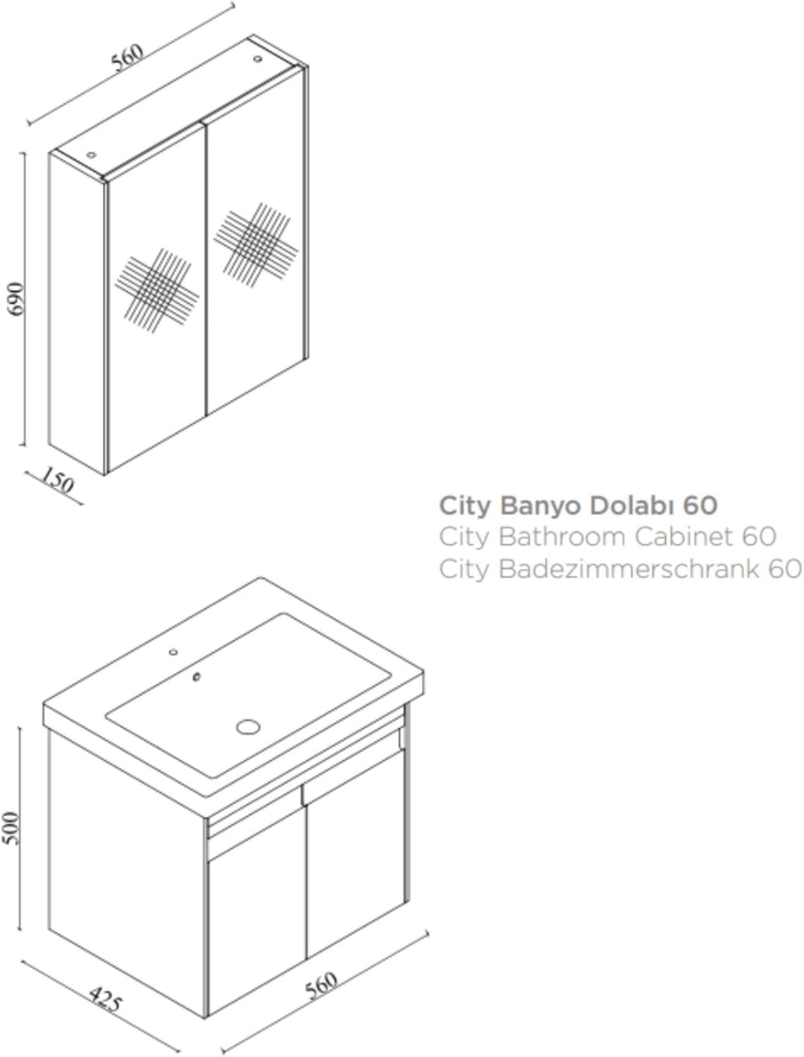 City Bathroom Furniture Set 3-Piece 60 cm | Wash Basin | Mirror Cabinet | Base Cabinet | Sonoma Oak | Soft Close Doors & Invisible Handles | Natural Style | Bathroom Furniture Washbasin