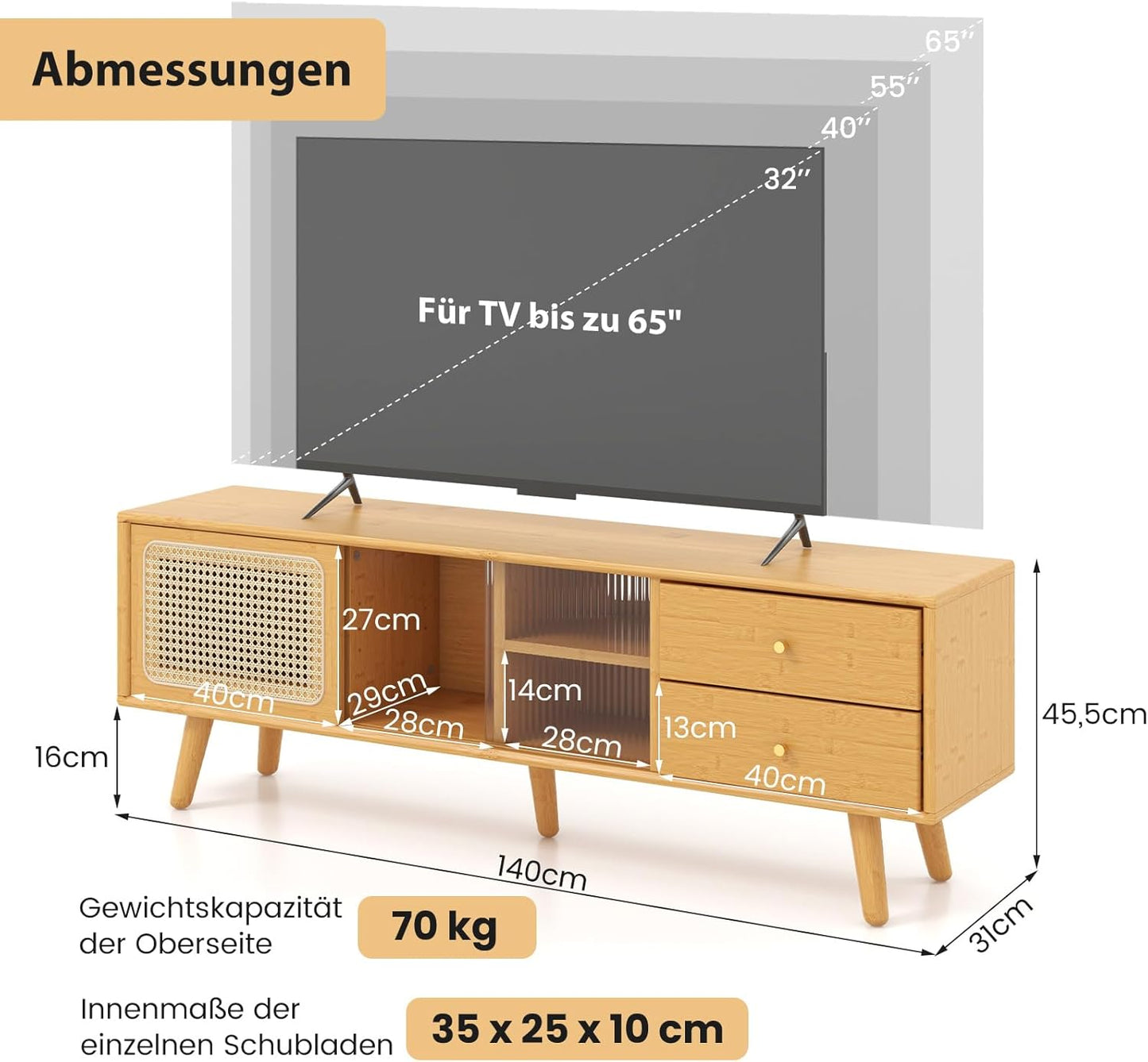 Bamboo TV Cabinet, TV Lowboard with Rattan & Glass Sliding Doors, TV Stand with 2 Drawers, TV Cabinet for TVs up to 65 Inches, for Living Room, 140 x 31 x 45.5 cm