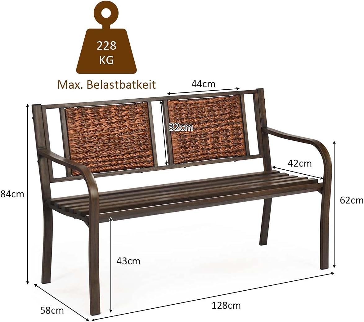 Metal Garden Bench, 2-3 Seater Bench with Polyrattan Backrest & Armrests, Park Bench up to 228 kg, Patio Bench for Garden, Balcony, Patio, Yard, 128 x 58 x 84 cm