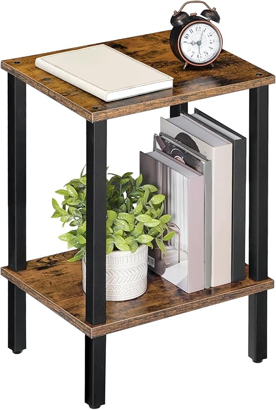 Side Table, Small Table, Narrow Coffee Table, Bedside Table with 2 Levels, Industrial Style, Wood Frame, for Living Room, Bedroom, Office, Vintage Brown and Black, AETHR7901N1