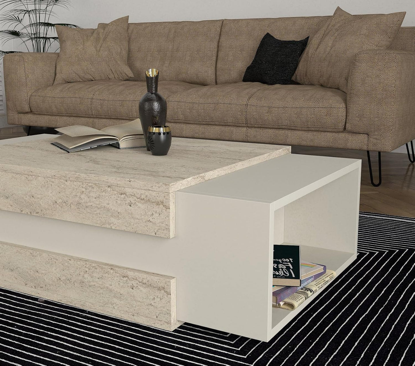 Coffee Table Living Room Table Rectangular Table Modern Wood Beige with Granite Look Furniture for Living Room Flat 2 Storage Compartments Designer Table 110 x 57 x 31 cm 2536