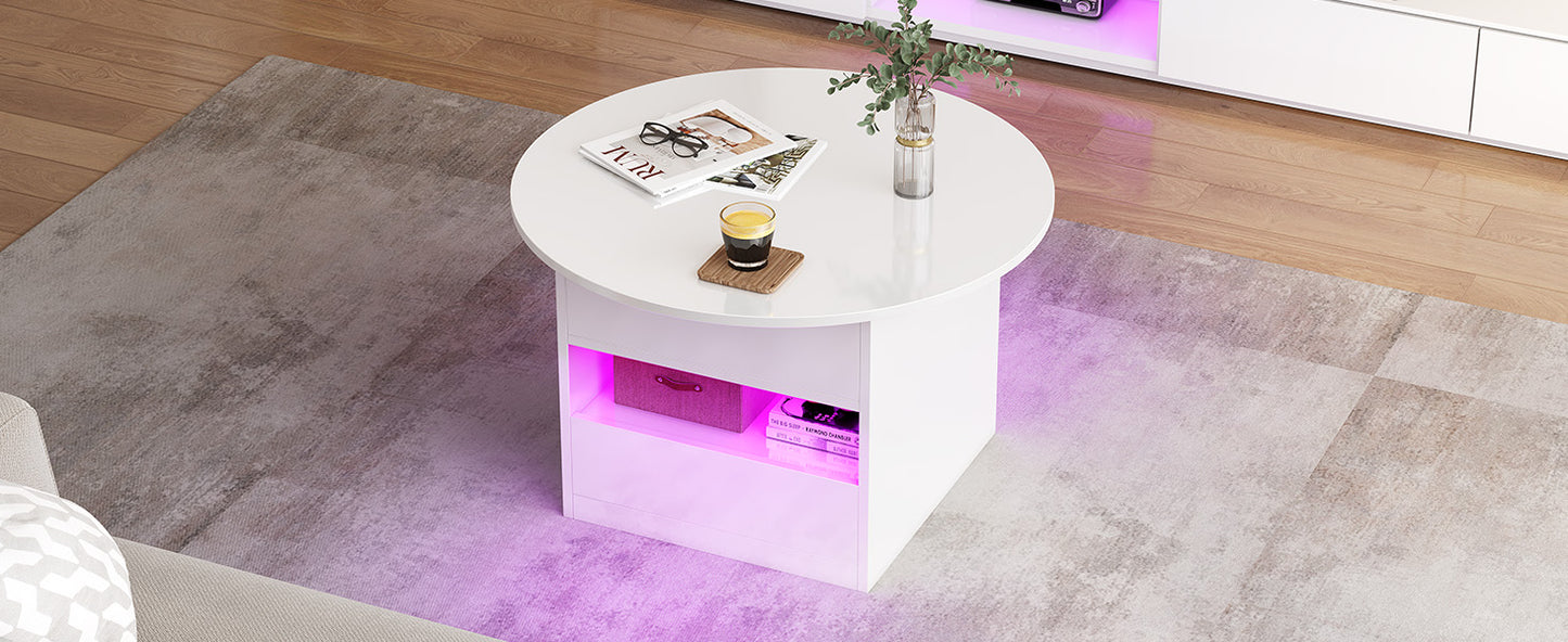 Coffee Table Height Adjustable Coffee Table Round with Lifting Plate, Living Room Table High Gloss with Hidden Storage Compartment and LED Lighting Modern, Side Table Round with 1 Drawer