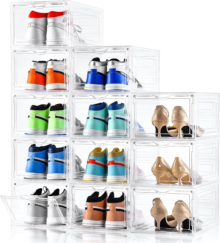 Clemate Upgraded X-Large Shoe Storage Box,8 Pack,Shoe Box Clear Plastic Stackable,Drop Front Shoe Box with Clear Door,Shoe Organizer and Shoe Containers For Sneaker Display,Fit up to US Size12