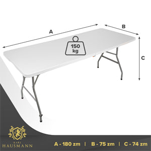 Folding Table with Handle for Carry, Beer Table, Garden Table, Dining Table, Buffet Table with Carry Handle, Rattan Look, 180 x 75 cm, White, Smooth