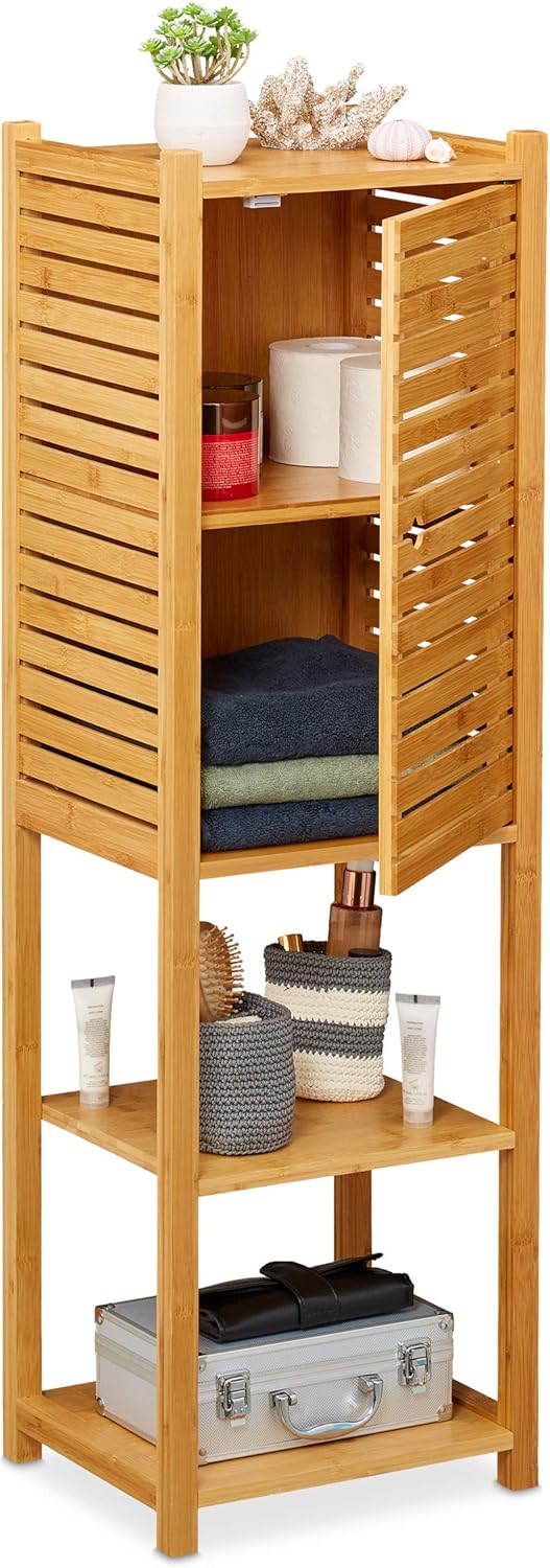 Relaxdays Bamboo Bathroom Shelf, 5 Shelves with Door, Free Standing, Bathroom & Kitchen, Narrow Bathroom Furniture, H x W x D: 113 x 35 x 29 cm, natural, 1 piece.