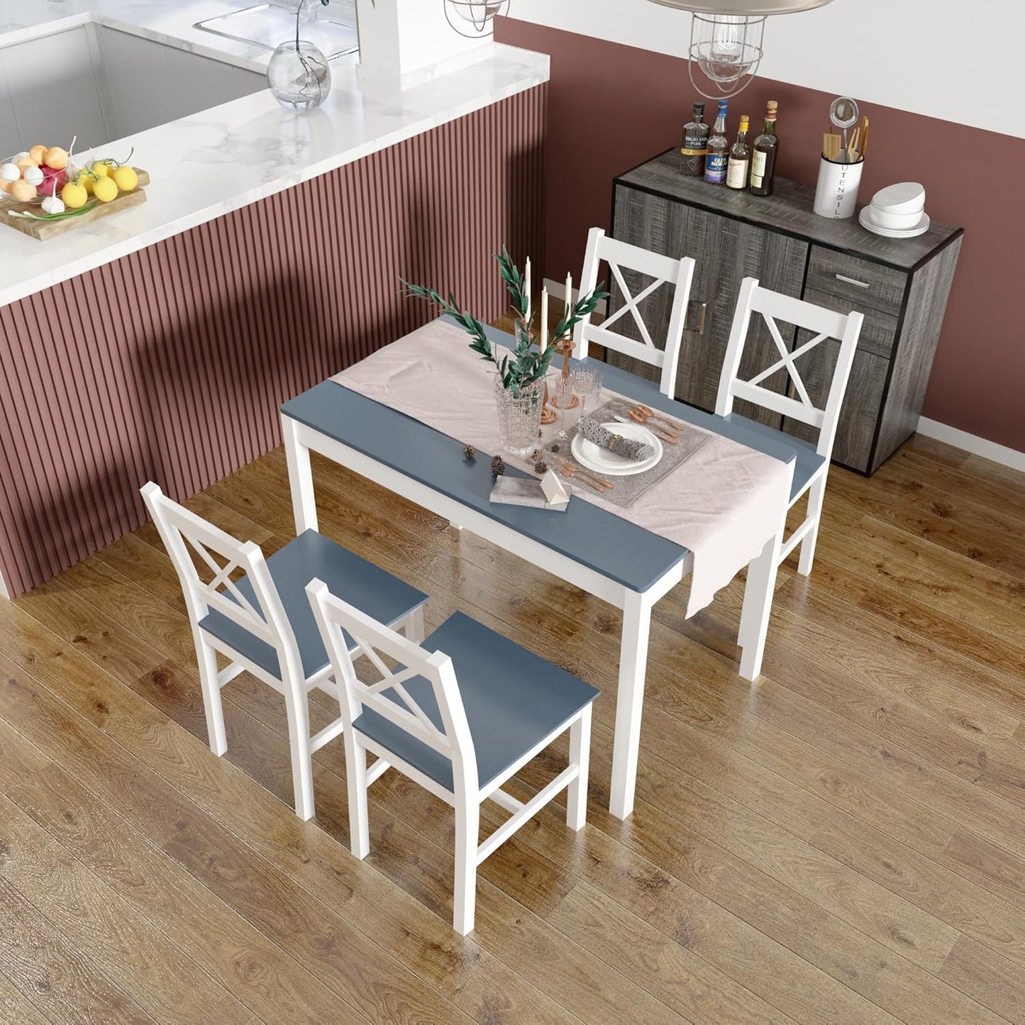 Esstisch mit 4 Stühlen, Essgruppe Esszimmergarnitur Massiv Holztisch Klassischer Stil für Esszimmer küche, 108 x 65 x 73 cm, Blau