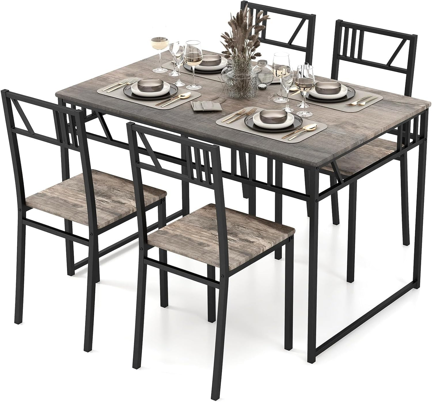 5 Piece Dining Table Set, Kitchen Table with 4 Chairs, Dining Set for 4 People, Rectangular Industrial Style Dining Room Table, Dining Set for Dining Room, Kitchen, Space Saving, Grey