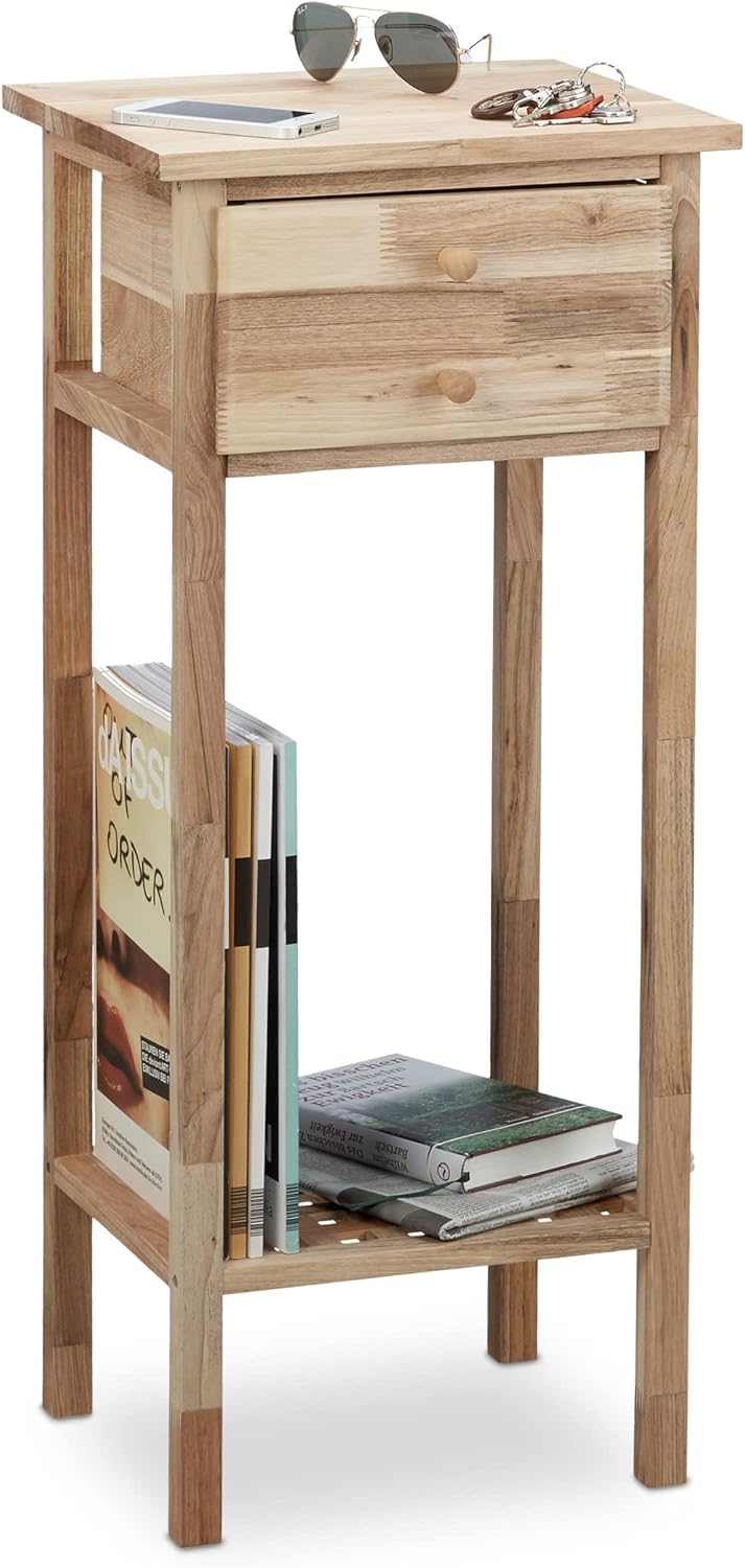 Walnut Side Table with Drawer, 2 Shelves, Telephone Table, Tall Wooden Table, HxWxD: 80 x 35 x 30 cm, Natural