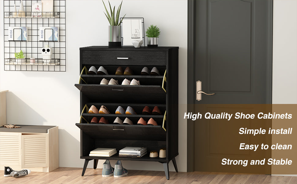 Shoe Cabinet, Improved Free Standing Shoe Storage Cabinet for Entryway, Modern Narrow Shoe Organizer Rack with 2 Flip Cabinets and Open Shelves- Black