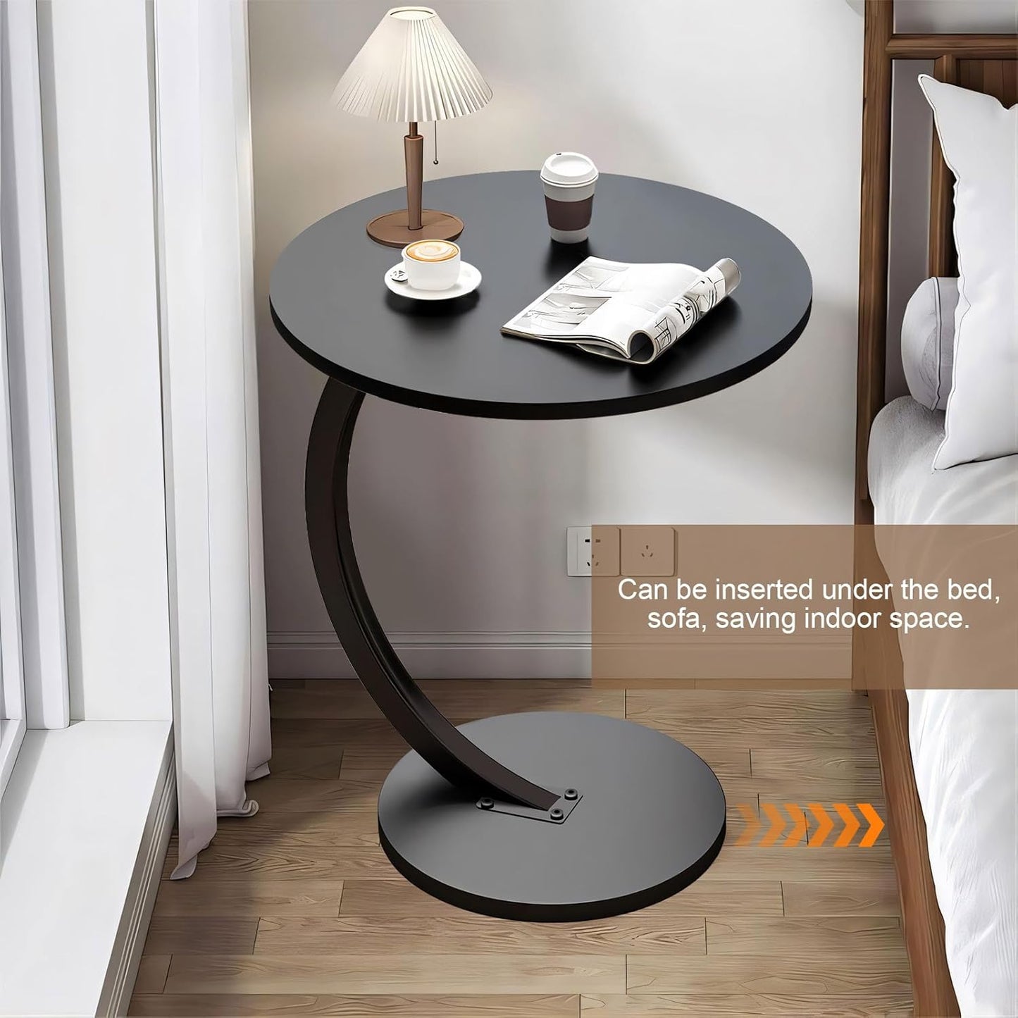 Gemsaya Side Table C Shape, Black Round Wood Table with Metal Frame, Mobile Sofa Table Top Diameter 40 cm, Height 62 cm, Modern Round Coffee Table Small for Living Room, Bedroom