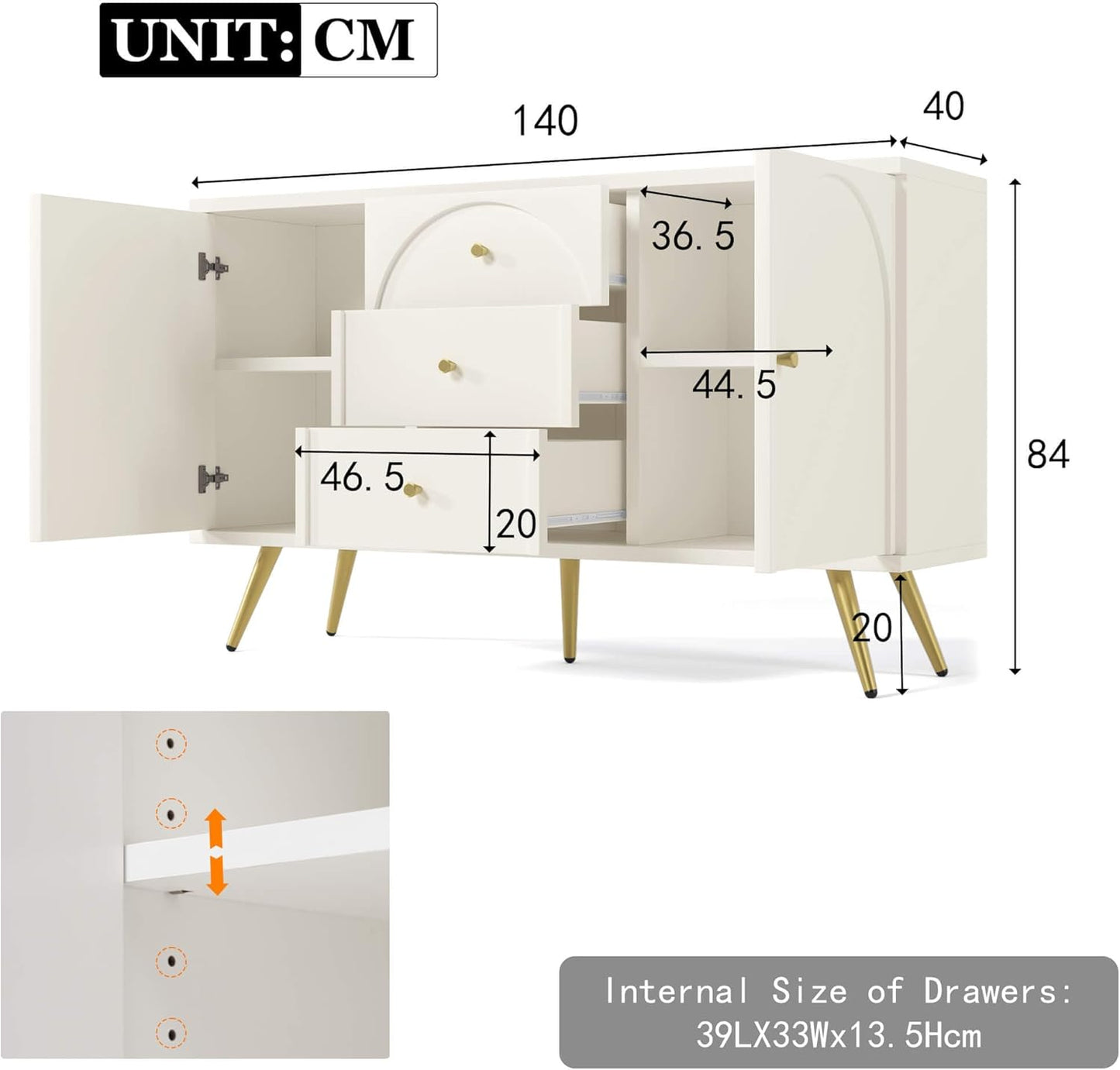 Chest of Drawers, Sideboard with 2 Doors and 3 Drawers, Multi-Purpose Cabinet with Adjustable Shelf and Worktop, Hallway Cabinet, Storage Cabinet for Bedroom, Living Room, White