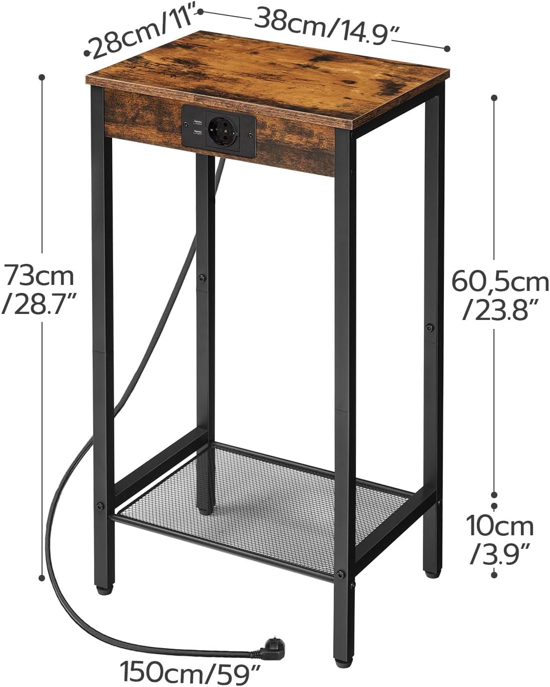 Side Table with Charging Station, Telephone Table High with Mesh Shelf, Narrow Bedside Table with Socket for Living Room, Bedroom, Vintage Brown and Black