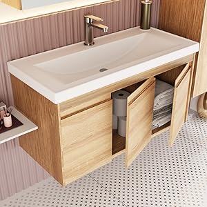 City Bathroom Furniture Set 3-Piece 60 cm | Wash Basin | Mirror Cabinet | Base Cabinet | Sonoma Oak | Soft Close Doors & Invisible Handles | Natural Style | Bathroom Furniture Washbasin