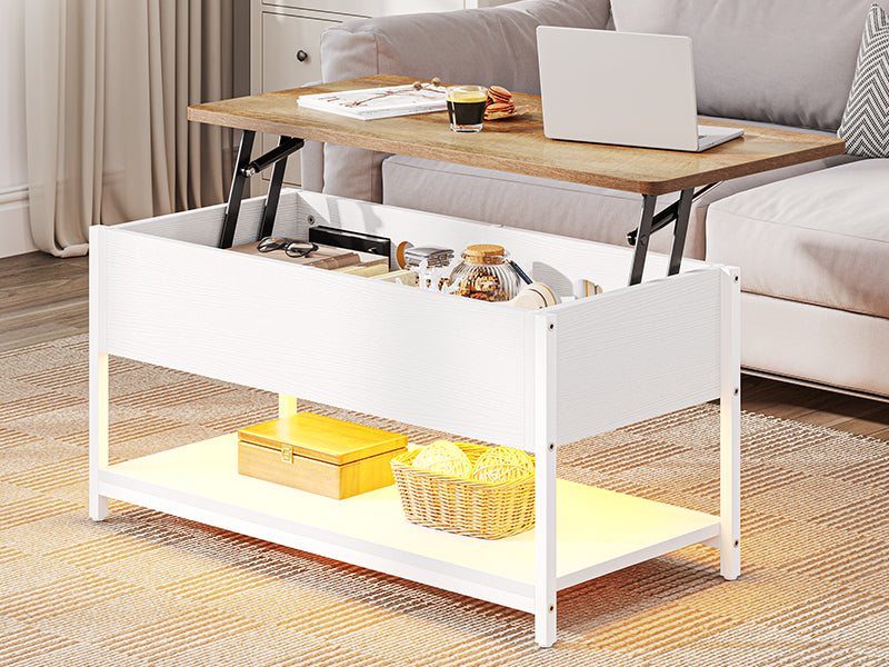 Coffee Table with Height-Adjustable Top, Extendable, Hidden Storage Space, Living Room Table, Side Table for Living Room, Office, with Power Strip and LED Light Strip