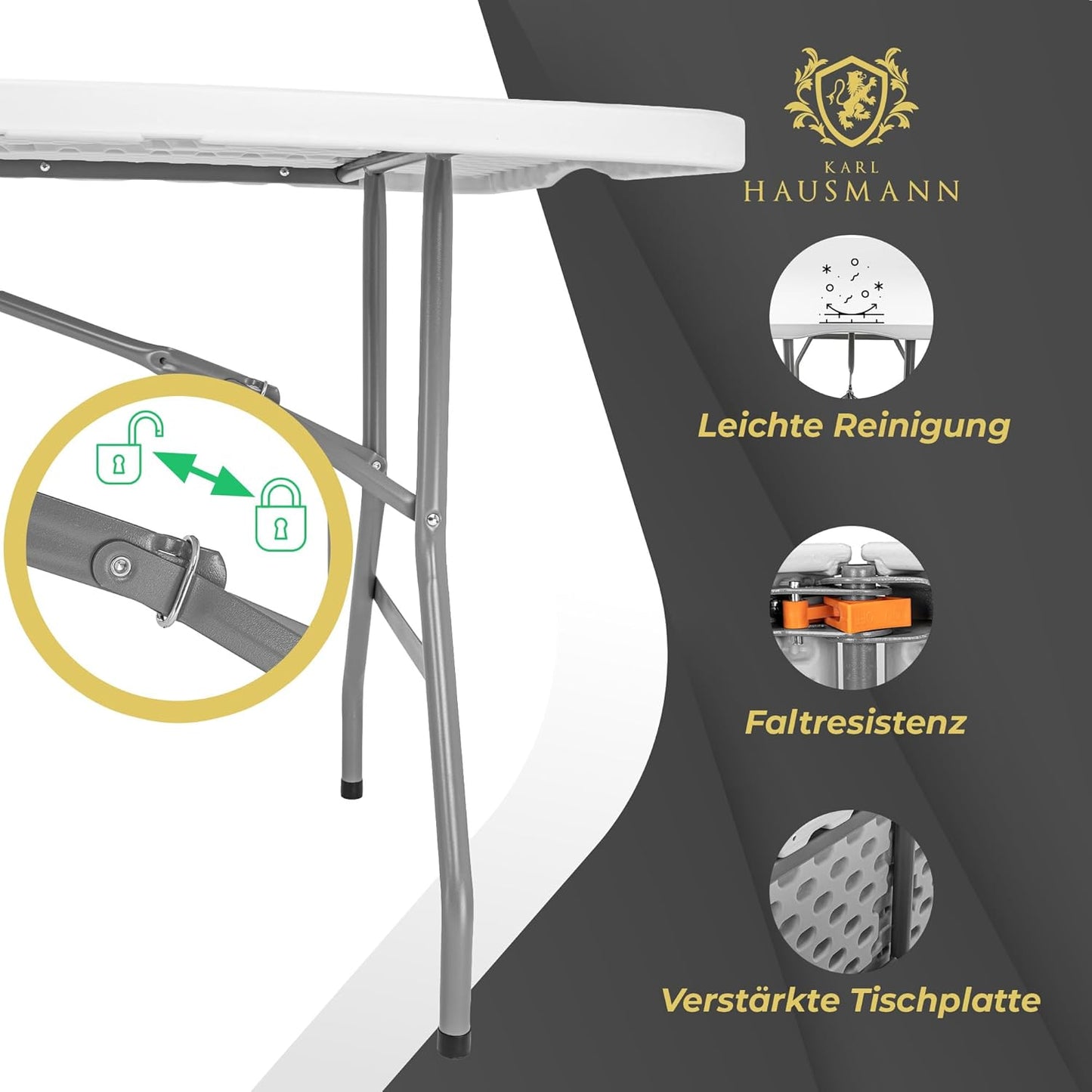 Folding Table with Handle for Carry, Beer Table, Garden Table, Dining Table, Buffet Table with Carry Handle, Rattan Look, 180 x 75 cm, White, Smooth