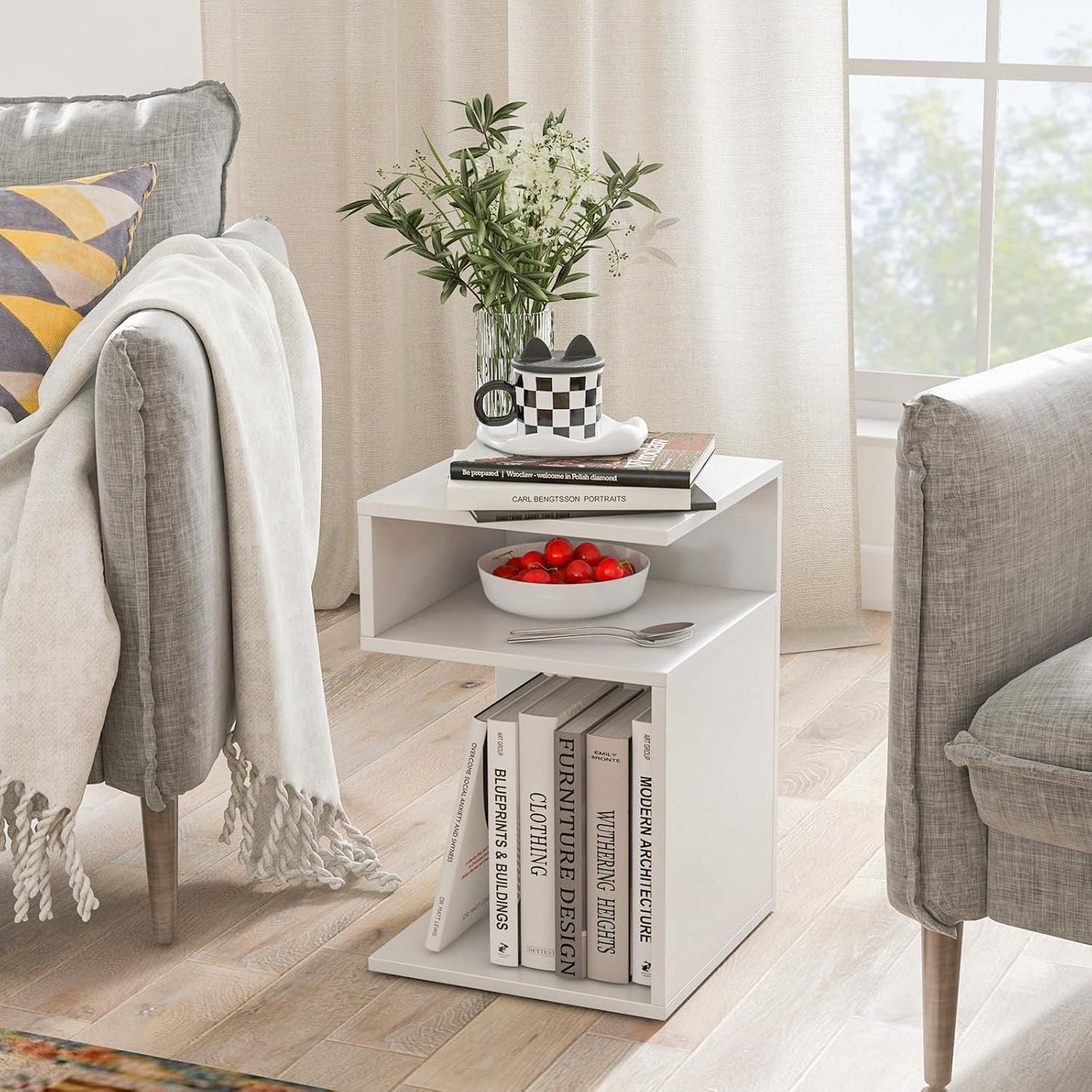 COSTWAY Wooden Side Table, 3 Levels Sofa Table, Bedside Table, White, Modern, for Living Room and Bedroom, 33 x 33 x 50 cm