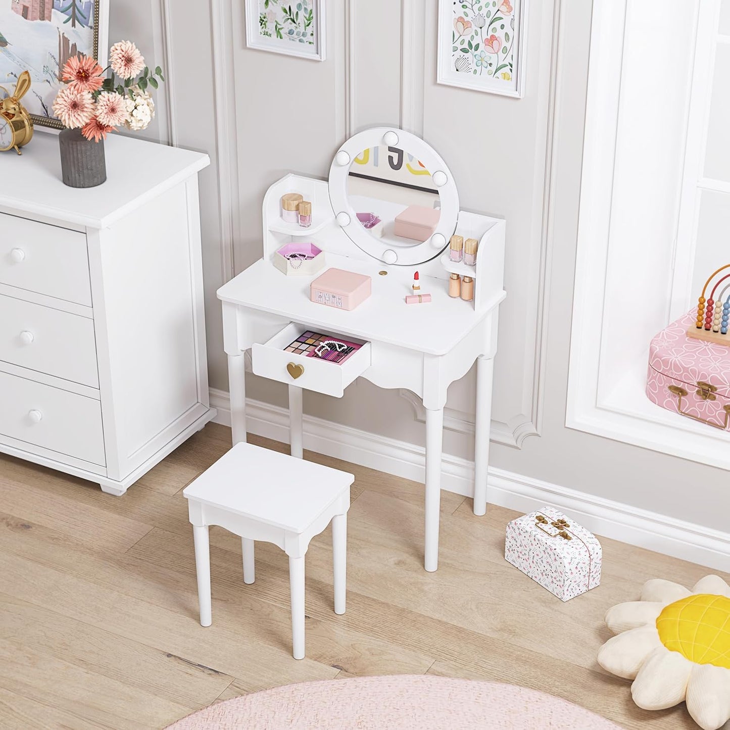 UTEX Kids Vanity, Girls Vanity Set with Mirror and Stool and Lights, Pretend Play Kids Vanity Table and Chair Set,Wooden Princess Makeup Desk Dressing Table, White