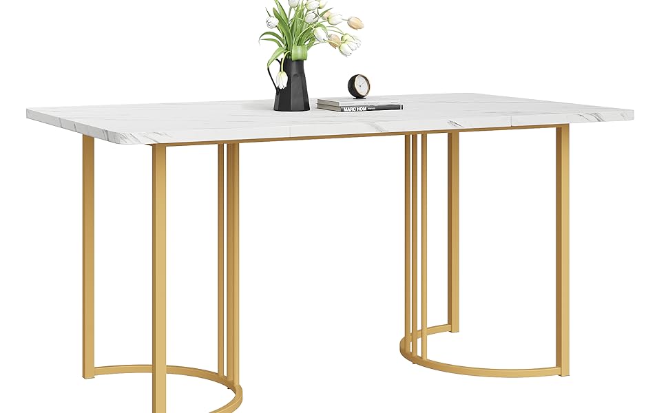 Dining Table 140 x 80 cm, Modern Kitchen Table with Metal Frame, Rectangular Marble Pattern Kitchen Table with Adjustable Feet for Dining Room and Living Room, White/Gold