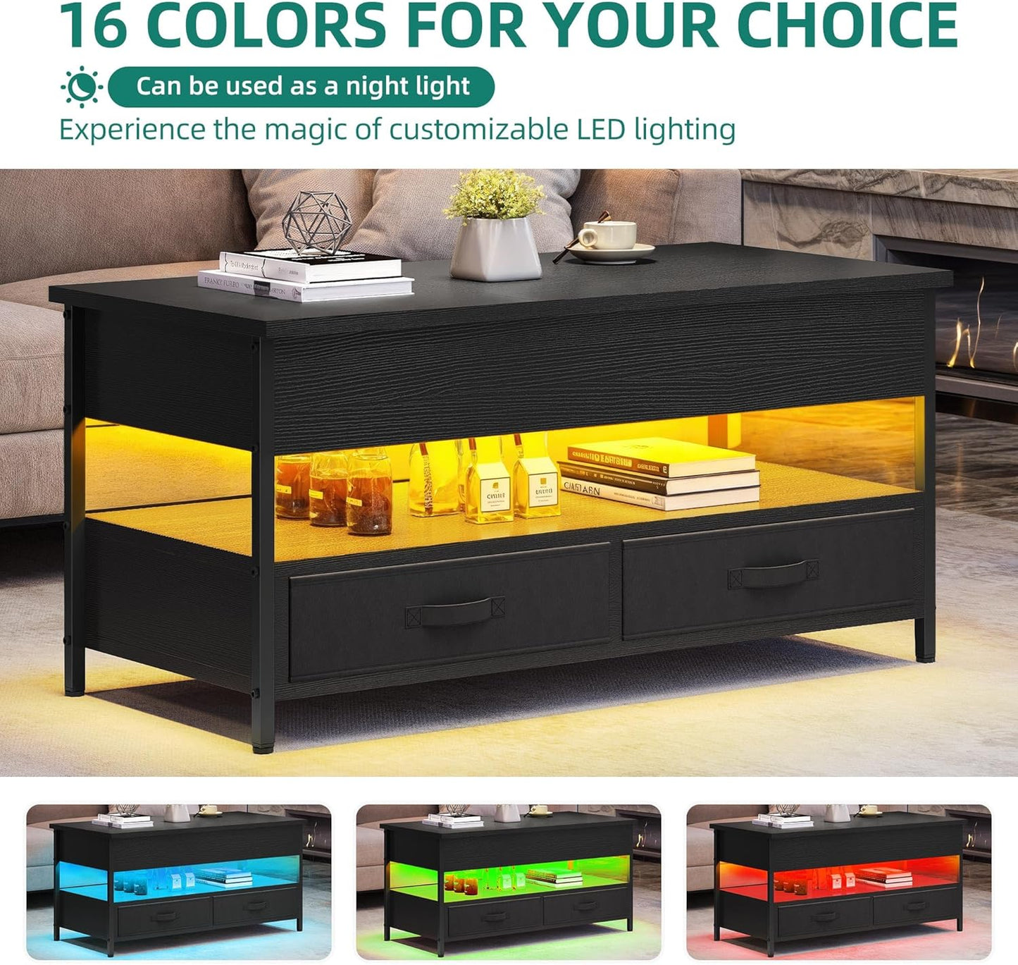 Coffee Table Height Adjustable, Living Room Table with Hidden Storage Compartment for Living Room, Office, Coffee Table with Storage Space and 2 Drawers and LED Light Bar, 106 x 50 x 51.5 cm