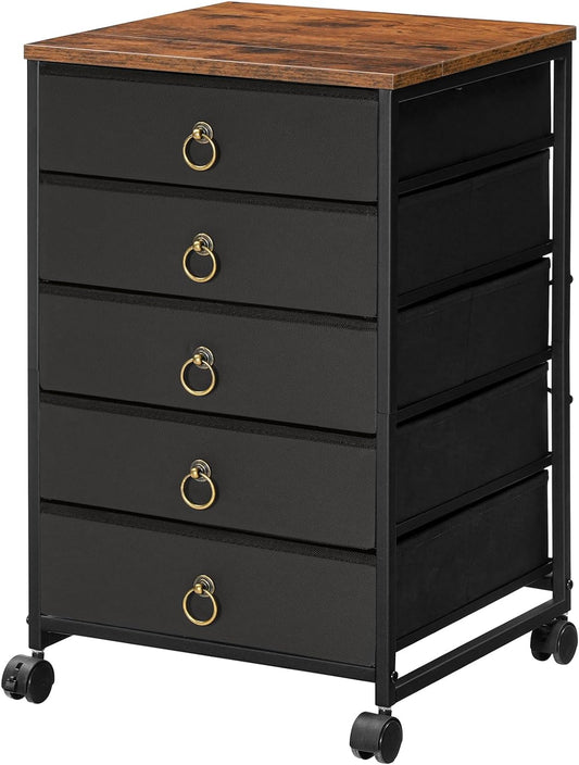 HOOBRO 5-Drawer Chest, File Cabinet, Office Cabinet with Drawers, Rolling Printer Stand, Filing Cabinet for Living Room, Home Office, Nonwovens Drawer, Easy Assembly, Black BFK50WJ01