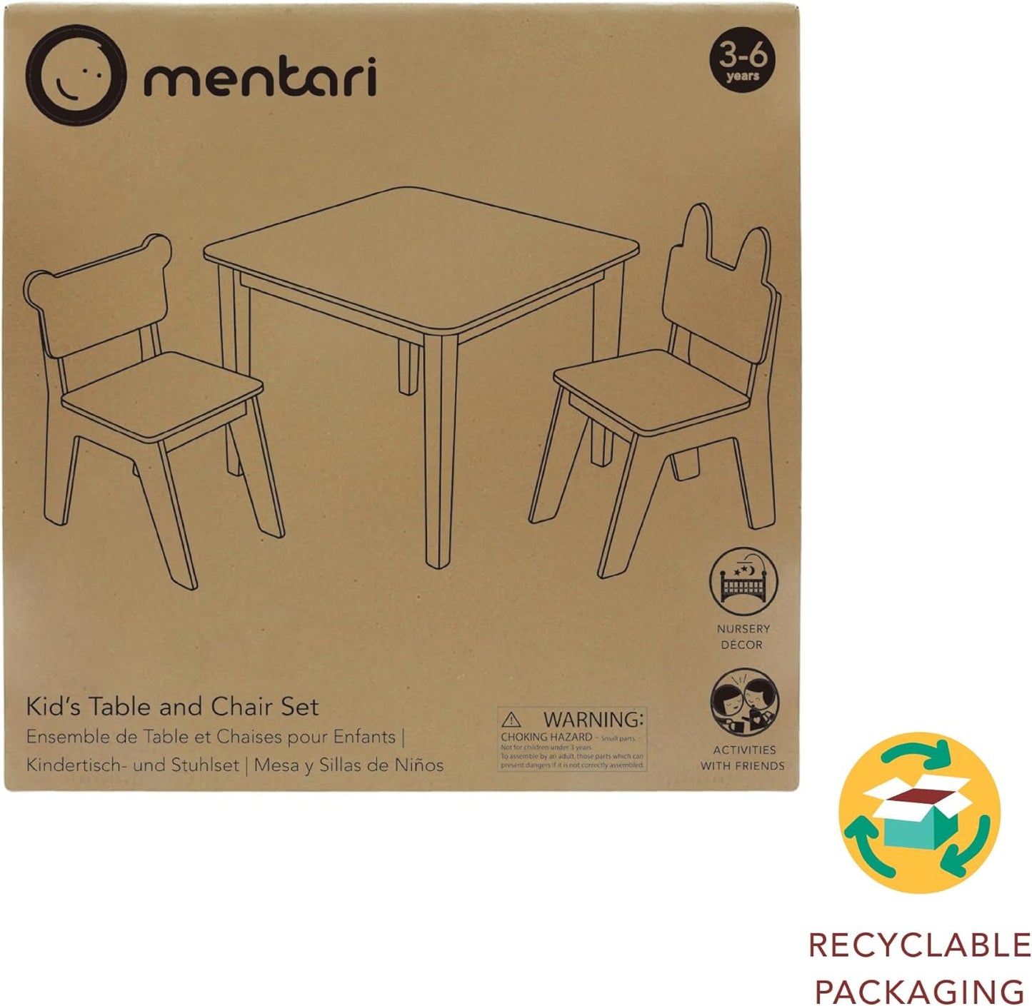 Mentari Toys - Kid’s Table and Chair Set - Wooden Easy Clean Table and 2 Animal Themed Chairs - Children’s Playroom, Classroom Furniture - Sturdy Set for Play and Learning - Age 3+