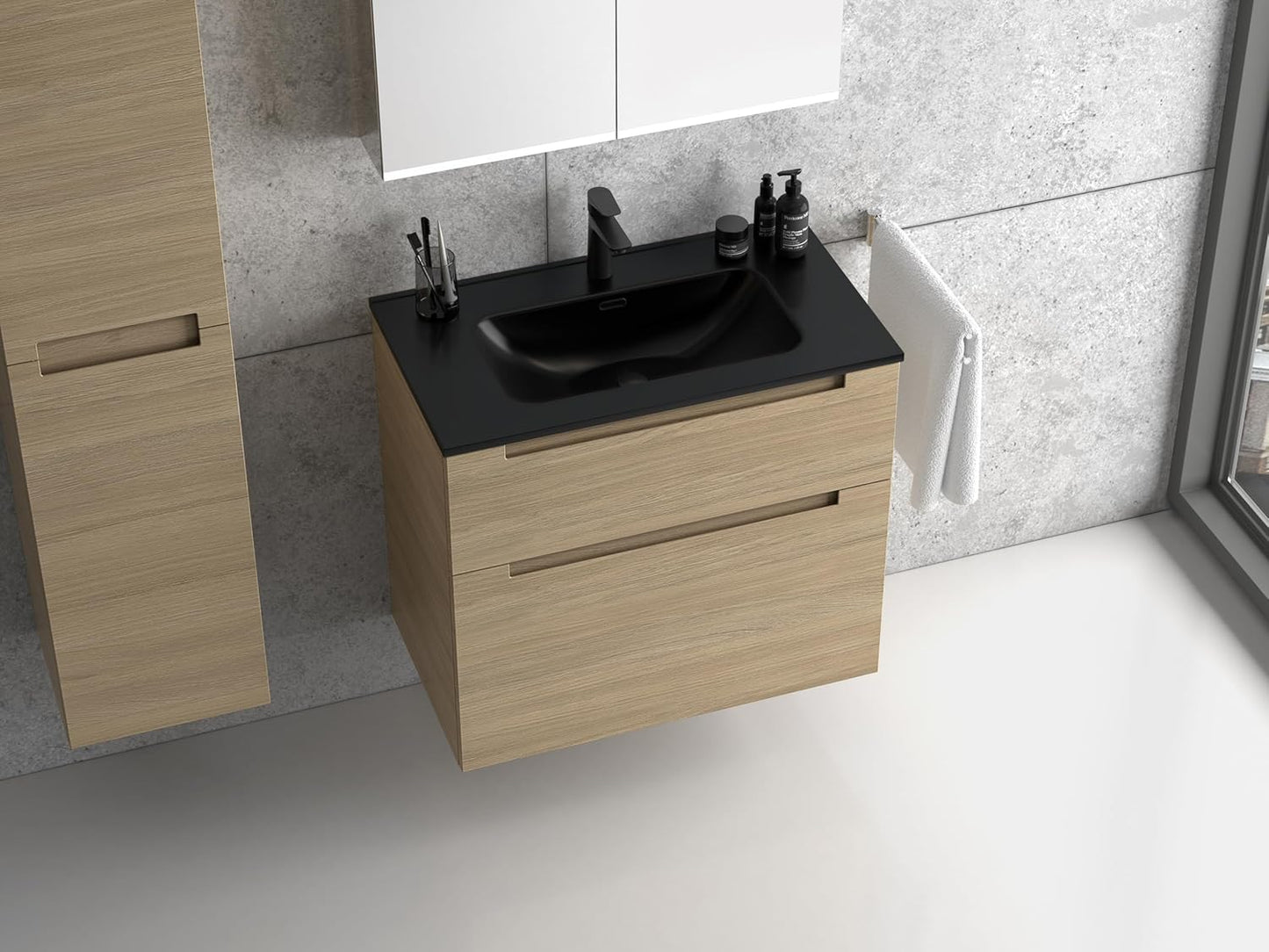 Premium Black Sink with Base Cabinet Matt Varnished 80 cm Wash Basin Bathroom Furniture Bathroom Cabinet Bathroom Cabinet with Two Drawers (Natural Oak)