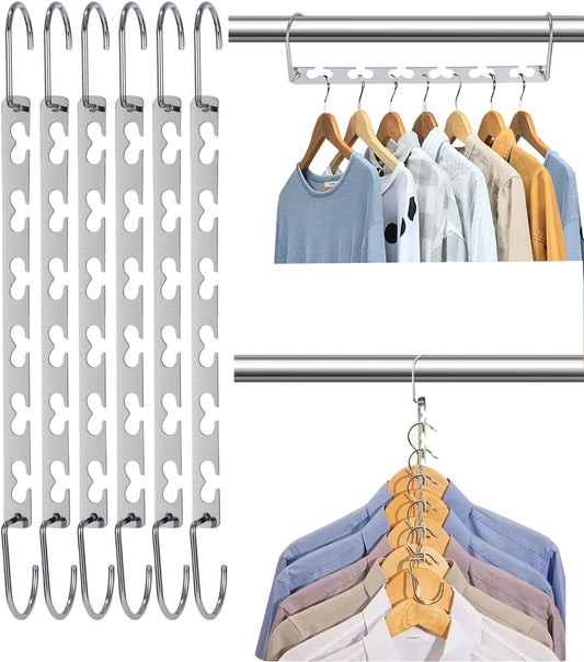 Clothes Hangers, Set of 6 Space Max Space-Saving Hangers, Stainless Steel, Silver, Multiple Hangers, Connecting Hooks, Multipurpose Hangers, Metal Wardrobe Organiser for Trousers, Jeans, Suit