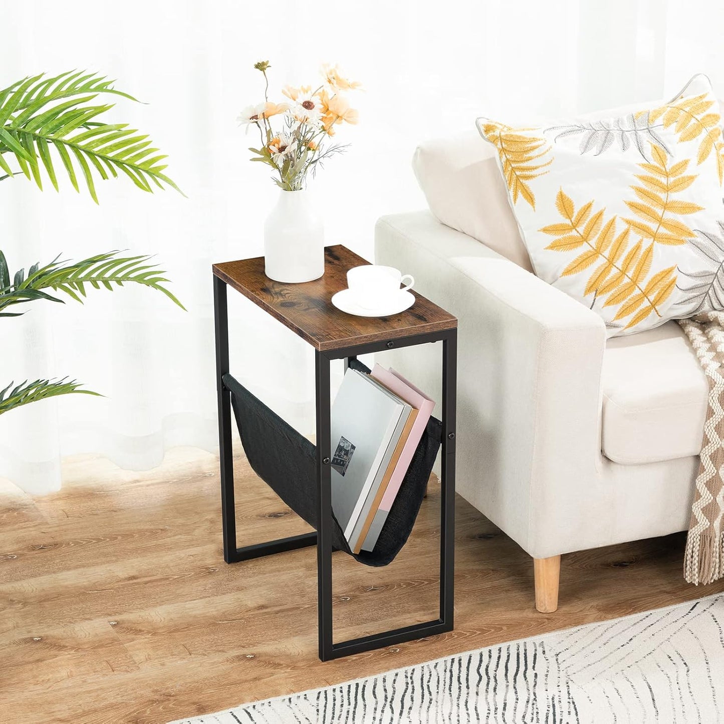 Side Table Narrow Bedside Table with Fabric Magazine Sling, Sofa Table, Suitable for Small Spaces, Bedroom, Living Room, Office, Dark Brown EUBF66BZ01