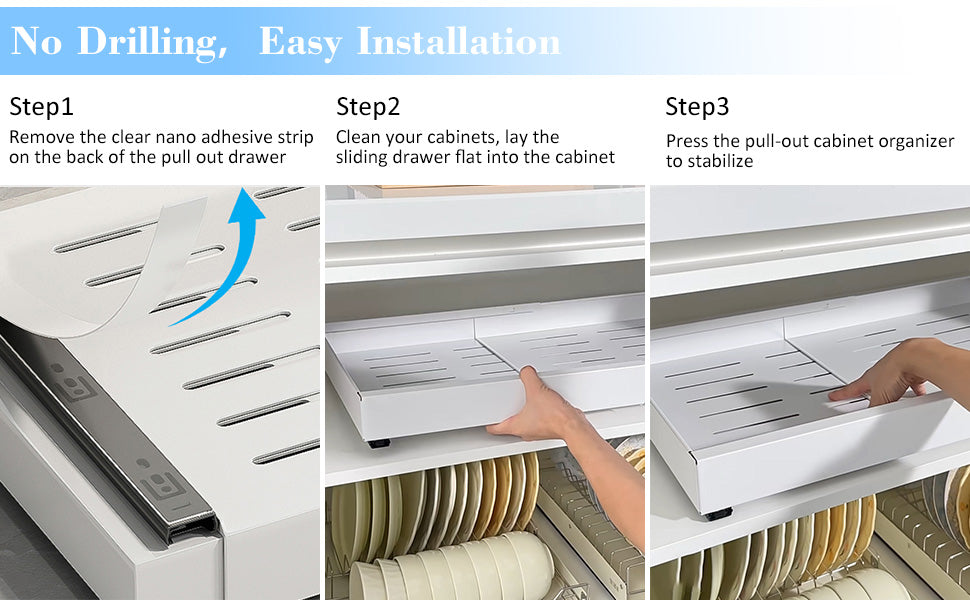 Expandable Pull Out Cabinet Organizer | Three Noiseless Damping Rails | Simply Peel-and-Stick Installation | Pull Out Drawers for All Cabinets, Adjustable Width 12.4"-20.47 White