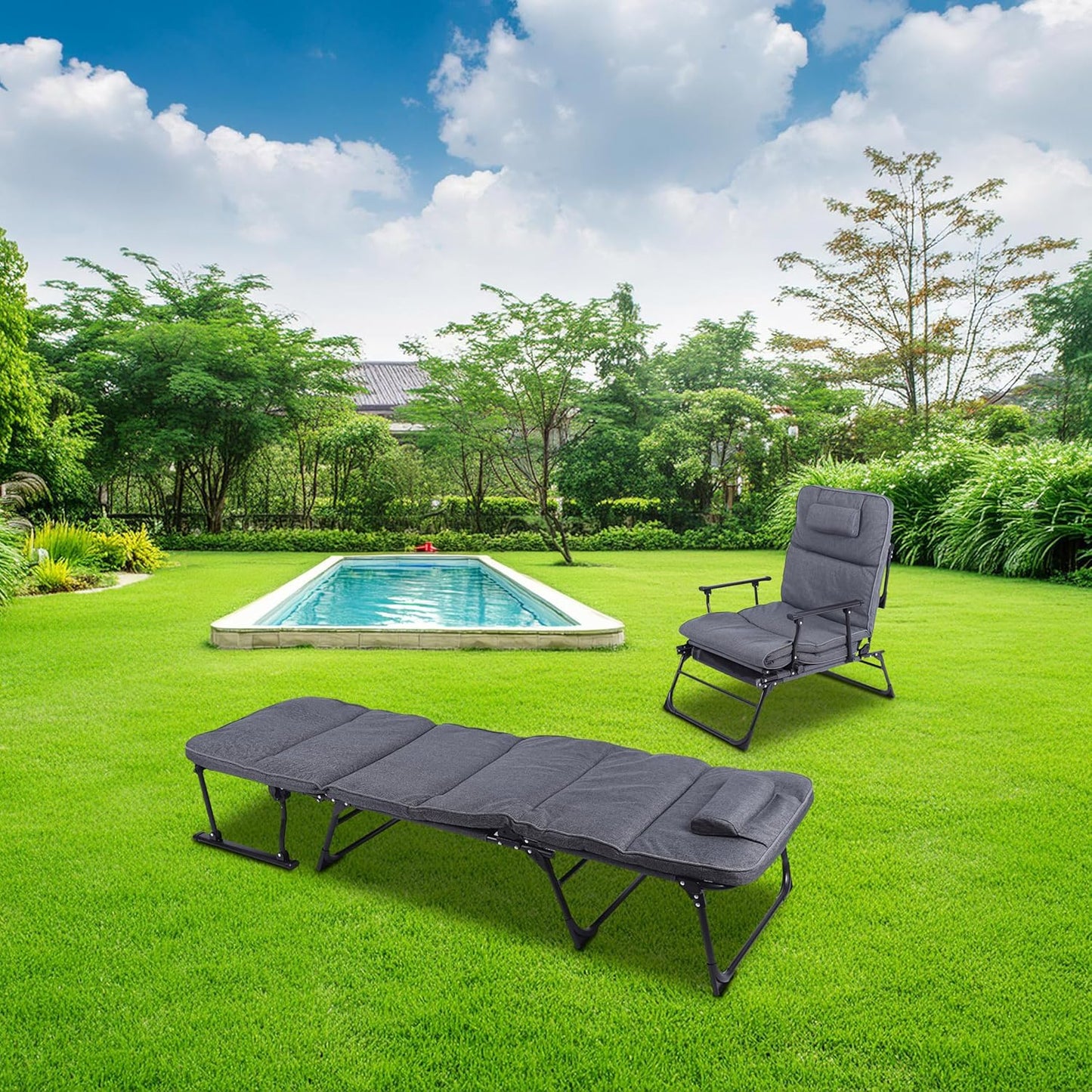 2-in-1 Multifunctional Folding Sun Lounger, Grey, 181 x 59 cm, Garden Deck Chair with Cushion Cushion, Garden Lounger Recliner Chair