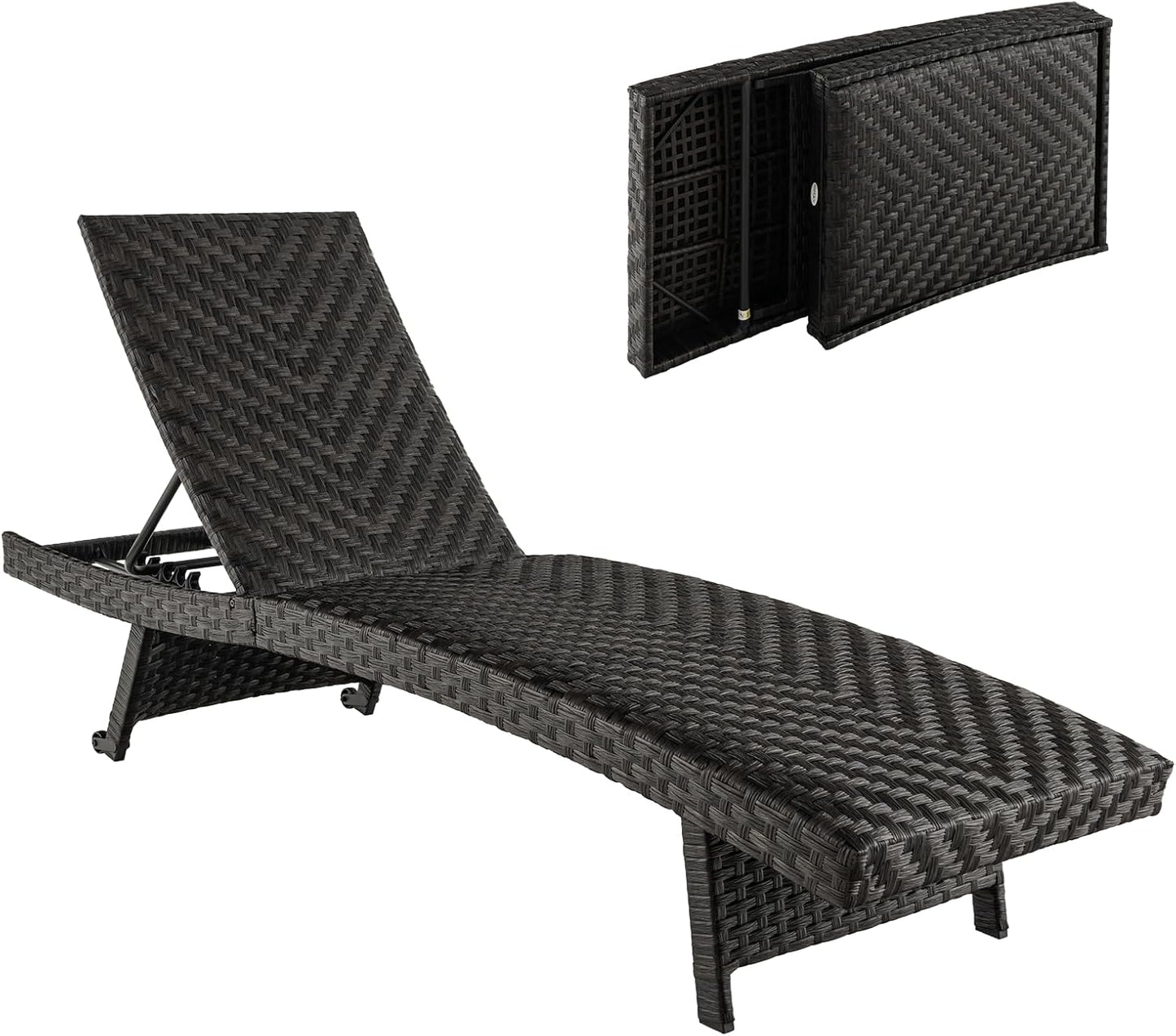 Folding Garden Lounger Polyrattan Recliner Sun Lounger with 2 Wheels, Deck Chair with 5-Way Adjustable Backrest, Weatherproof Rattan Lounger for Garden, Balcony and Patio, up to 150 kg