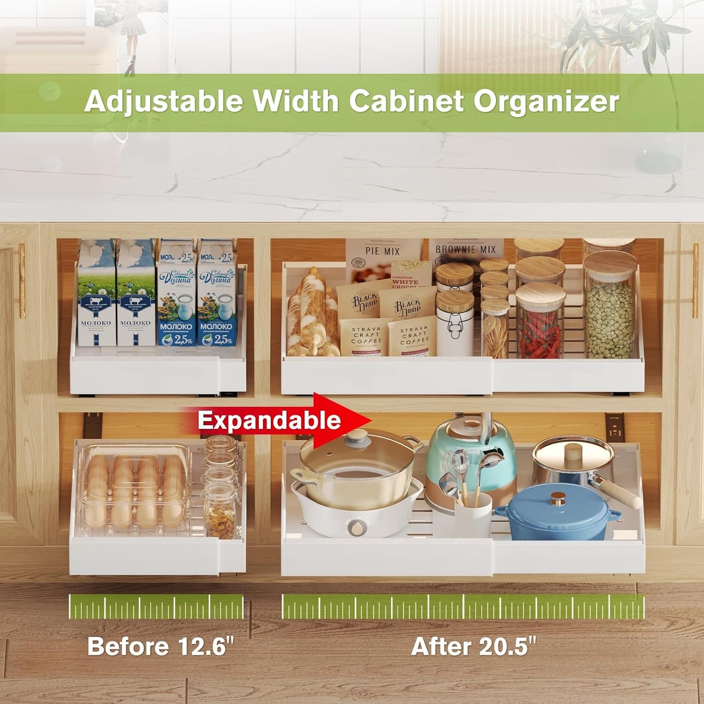 Pull Out Cabinet Organizer, Expandable (12.6''-20.5'') Pull Out Drawers for Cabinets, No Drill Pull Out Drawers for Cabinet with 3 Rails, Adjustable Cabinet Roll Out Drawers for Kitchen Pantry Storage